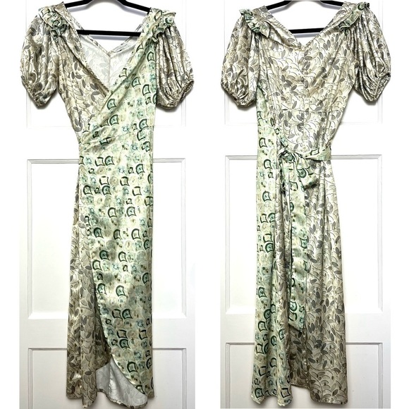 NEVER FULLY DRESSED Satin Puffed Sleeve Cold Shoulder Ruffled Wrap Midi Dress 2 - Picture 7 of 13